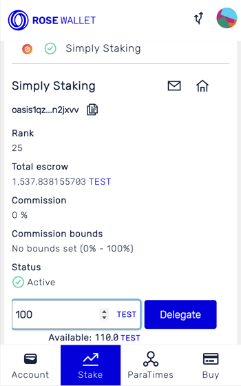 Stake screen: Selected validator